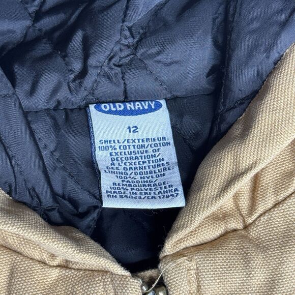 Old Navy Cargo Jacket Boys 12 Beige Cotton Quilted Canvas Hooded Bomber Farm - Picture 3 of 9